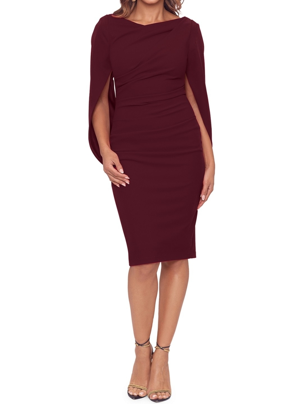 NWT Betsy & Adam Cape Scuba Crepe Rouched Sheath Dress Mulberry Midi Size 10